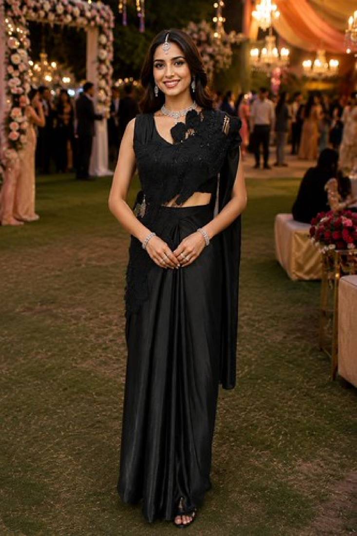 Trending black premium satin crush ready-to-wear saree with heavy worked stiched blouse     wedding & party wear