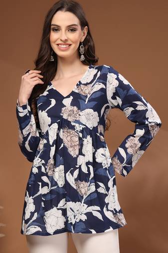 Navy-blue floral printed cotton tunic short kurti top for women