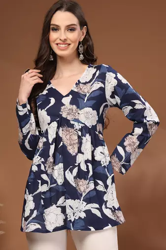 Navy-blue floral printed cotton tunic short kurti top for women