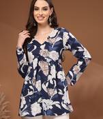 Navy-blue floral printed cotton tunic short kurti top for women