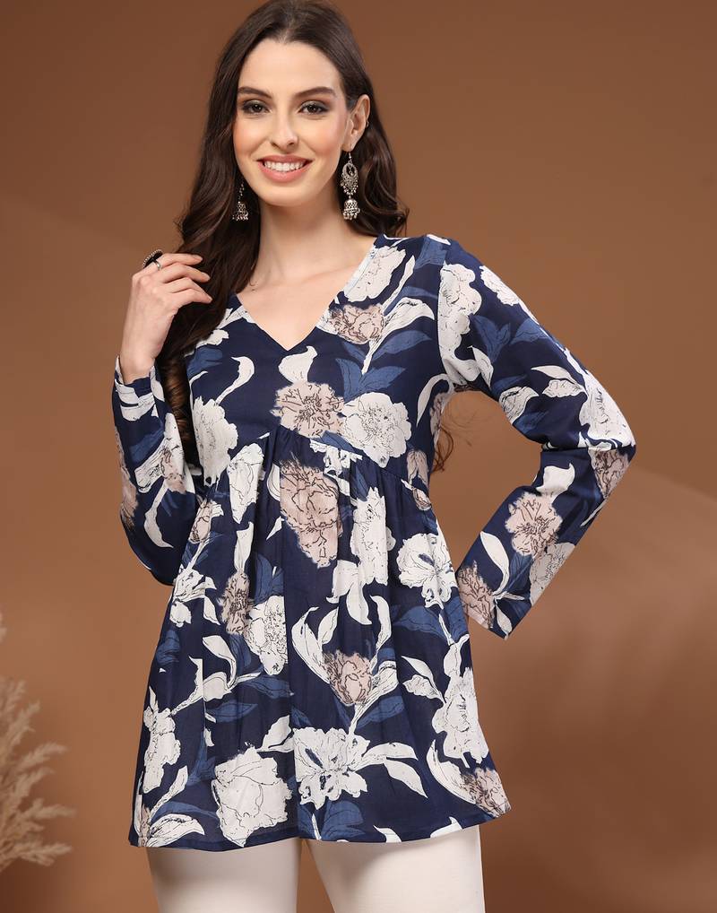 Navy-blue floral printed cotton tunic short kurti top for women