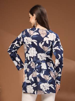 Navy-blue floral printed cotton tunic short kurti top for women 2