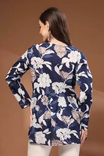 Navy-blue floral printed cotton tunic short kurti top for women