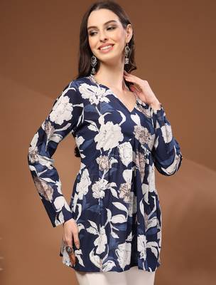 Navy-blue floral printed cotton tunic short kurti top for women 3