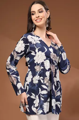 Navy-blue floral printed cotton tunic short kurti top for women
