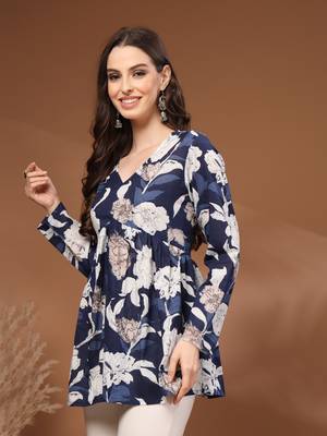 Navy-blue floral printed cotton tunic short kurti top for women 4