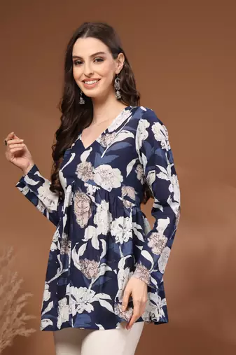Navy-blue floral printed cotton tunic short kurti top for women