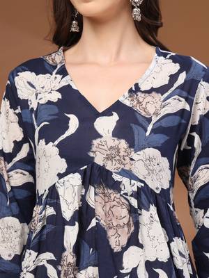 Navy-blue floral printed cotton tunic short kurti top for women 5