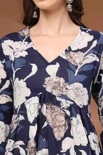 Navy-blue floral printed cotton tunic short kurti top for women
