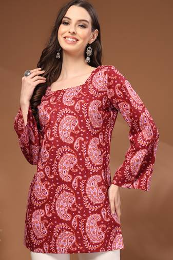Maroon floral printed cotton tunic short kurti top for women