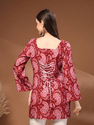 Maroon floral printed cotton tunic short kurti top for women 2