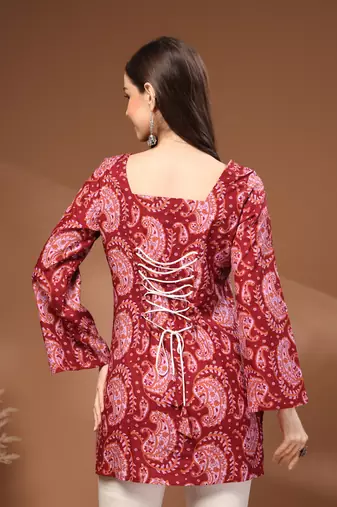 Maroon floral printed cotton tunic short kurti top for women