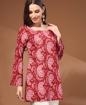 Maroon floral printed cotton tunic short kurti top for women 3
