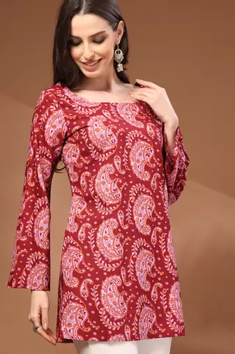 Maroon floral printed cotton tunic short kurti top for women