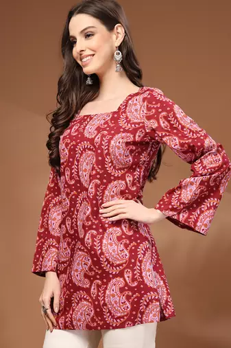 Maroon floral printed cotton tunic short kurti top for women