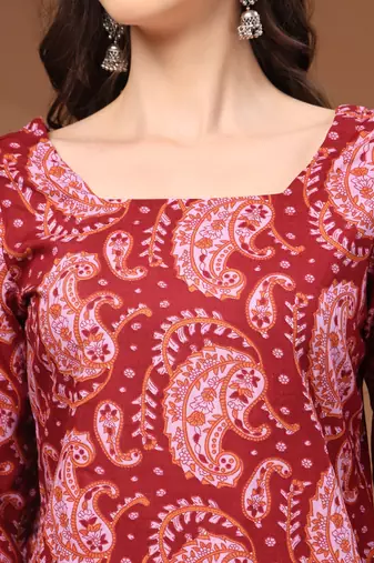 Maroon floral printed cotton tunic short kurti top for women