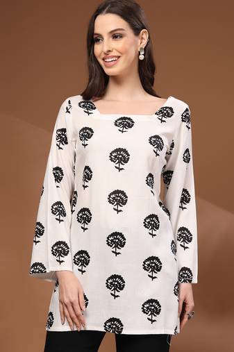White floral printed cotton tunic short kurti top for women