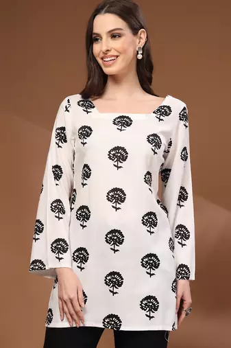White floral printed cotton tunic short kurti top for women