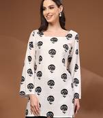 White floral printed cotton tunic short kurti top for women