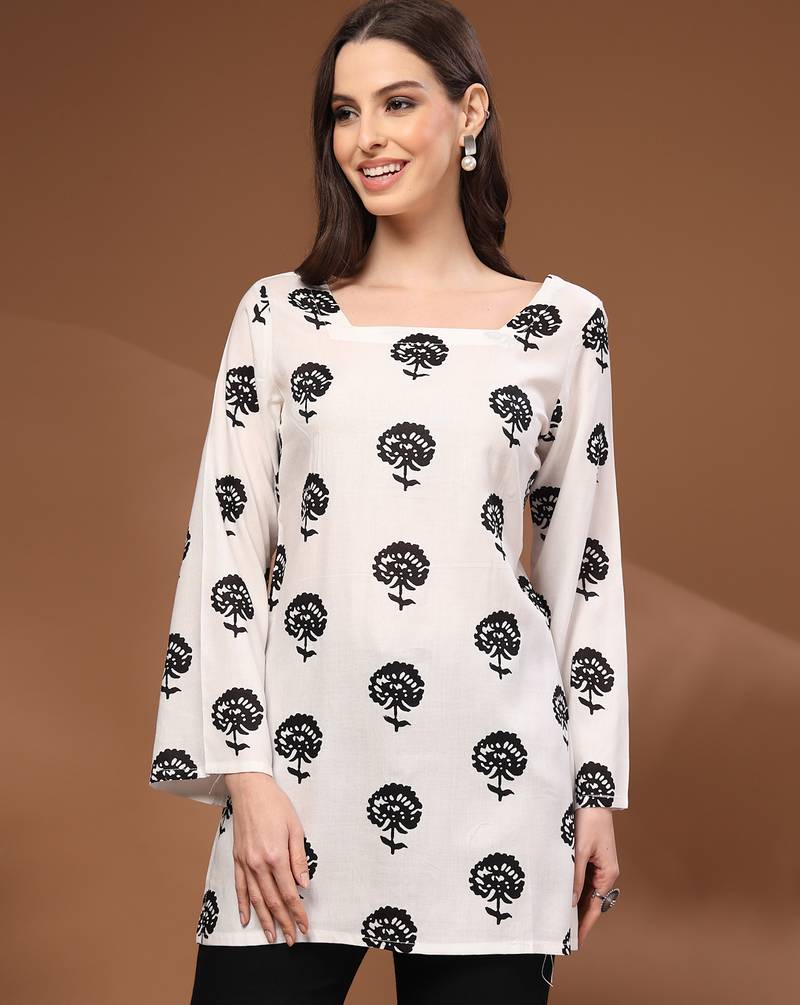 White floral printed cotton tunic short kurti top for women