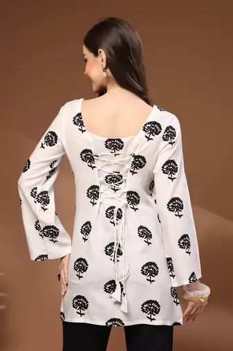 White floral printed cotton tunic short kurti top for women