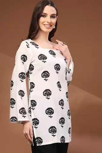 White floral printed cotton tunic short kurti top for women