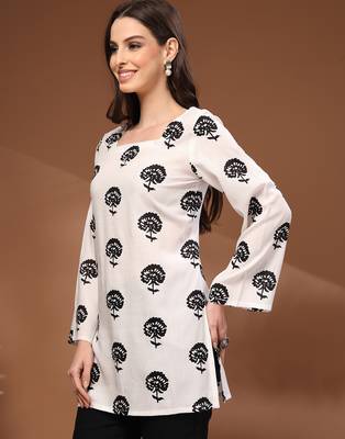 White floral printed cotton tunic short kurti top for women 4