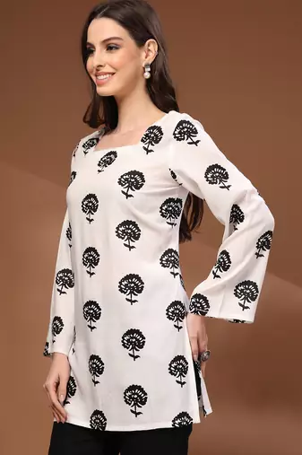 White floral printed cotton tunic short kurti top for women
