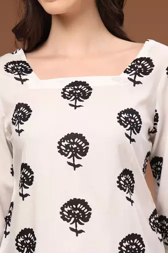 White floral printed cotton tunic short kurti top for women