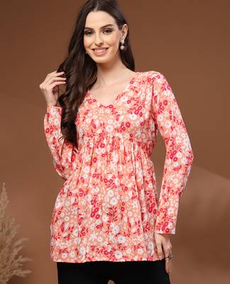 Orange floral printed cotton tunic short kurti top for women 1