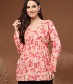 Orange floral printed cotton tunic short kurti top for women