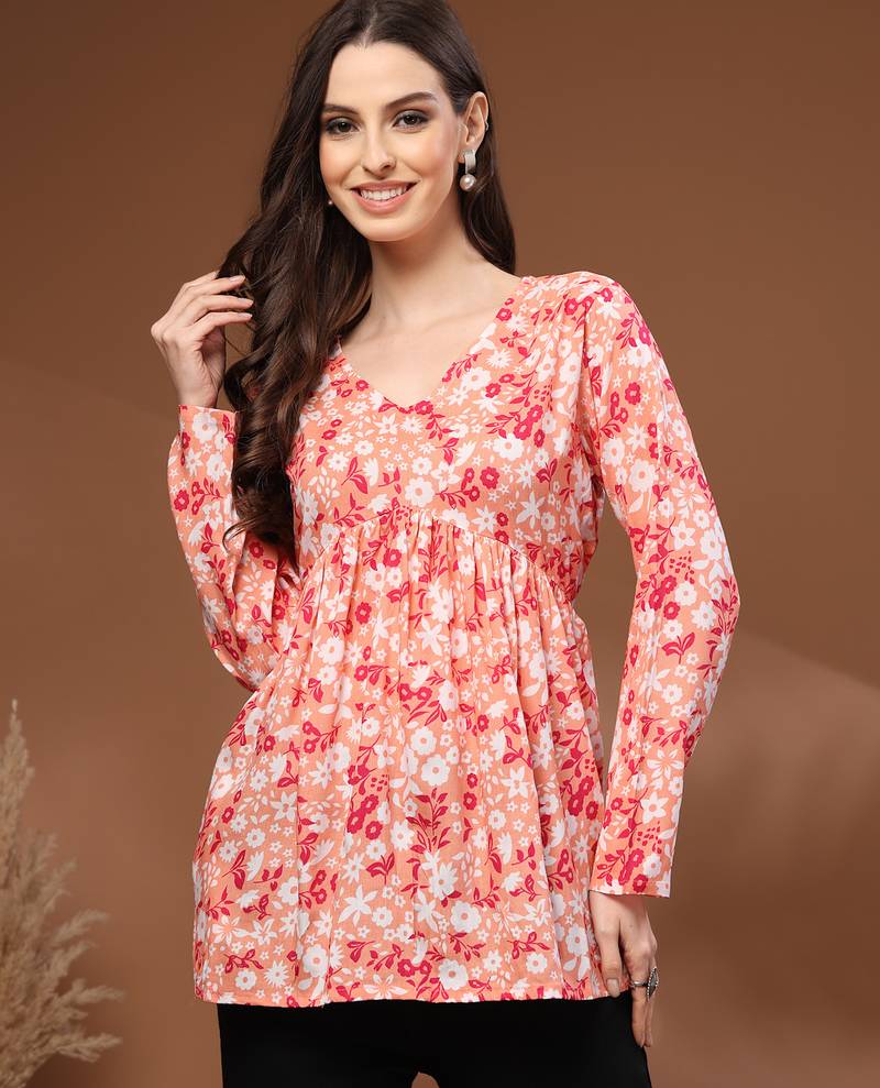 Orange floral printed cotton tunic short kurti top for women