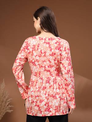 Orange floral printed cotton tunic short kurti top for women 2