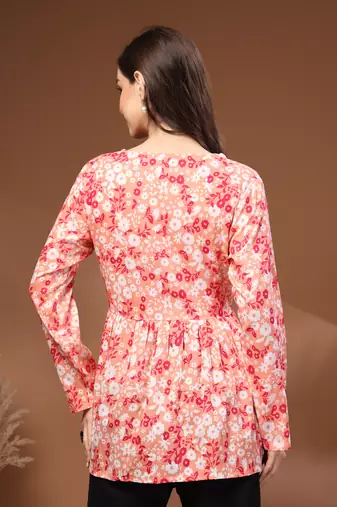 Orange floral printed cotton tunic short kurti top for women