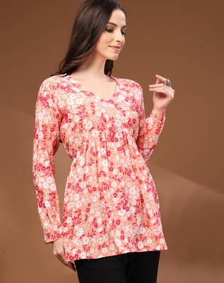 Orange floral printed cotton tunic short kurti top for women 3