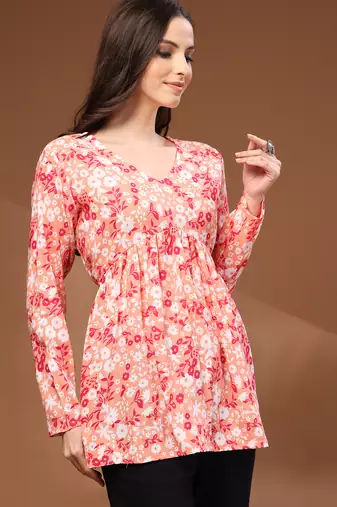 Orange floral printed cotton tunic short kurti top for women
