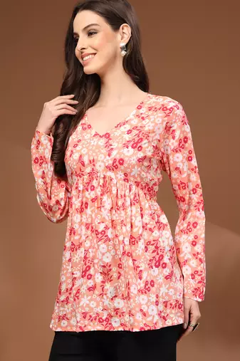 Orange floral printed cotton tunic short kurti top for women