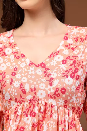 Orange floral printed cotton tunic short kurti top for women