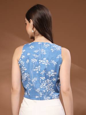 Blue floral printed cotton tunic short kurti top for women 2