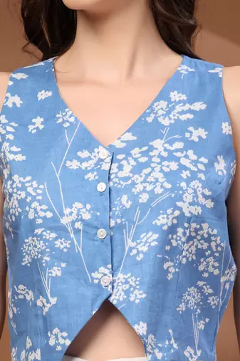 Blue floral printed cotton tunic short kurti top for women