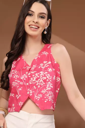Red floral printed cotton tunic short kurti top for women