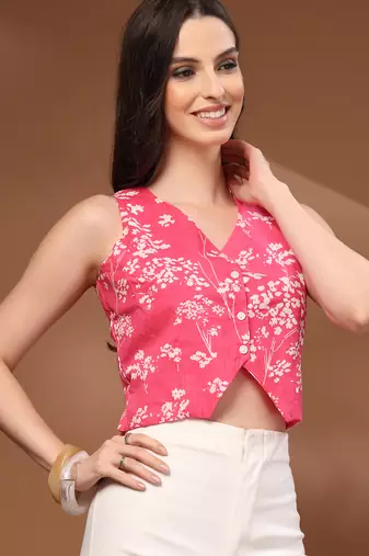 Red floral printed cotton tunic short kurti top for women