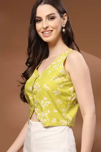 Green floral printed cotton tunic short kurti top for women