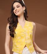 Yellow floral printed cotton tunic short kurti top for women