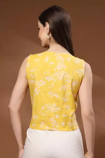 Yellow floral printed cotton tunic short kurti top for women