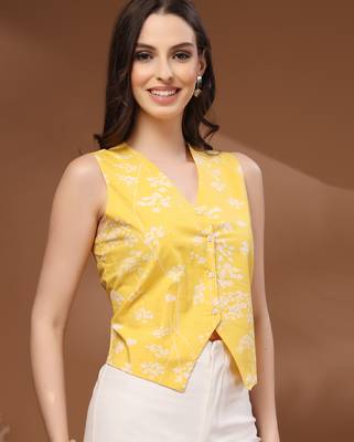 Yellow floral printed cotton tunic short kurti top for women 3