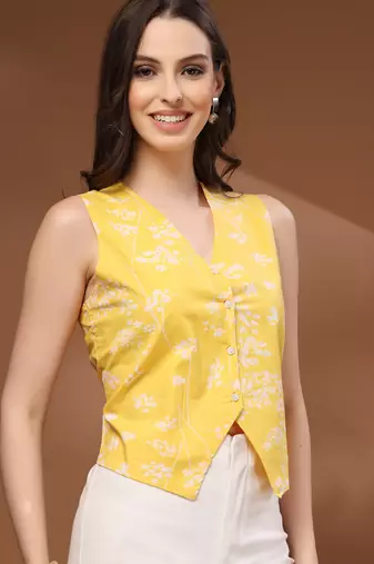 Yellow floral printed cotton tunic short kurti top for women