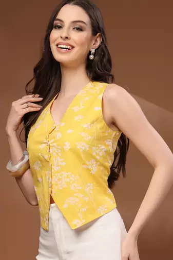Yellow floral printed cotton tunic short kurti top for women
