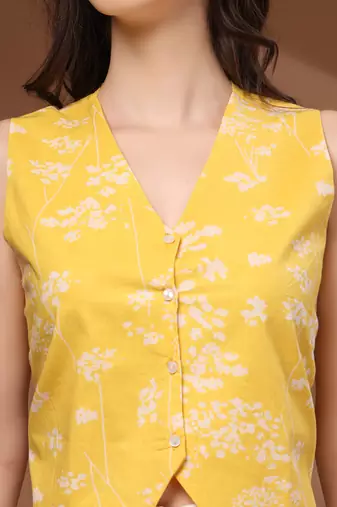 Yellow floral printed cotton tunic short kurti top for women