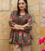 Green floral printed cotton tunic short kurti top for women